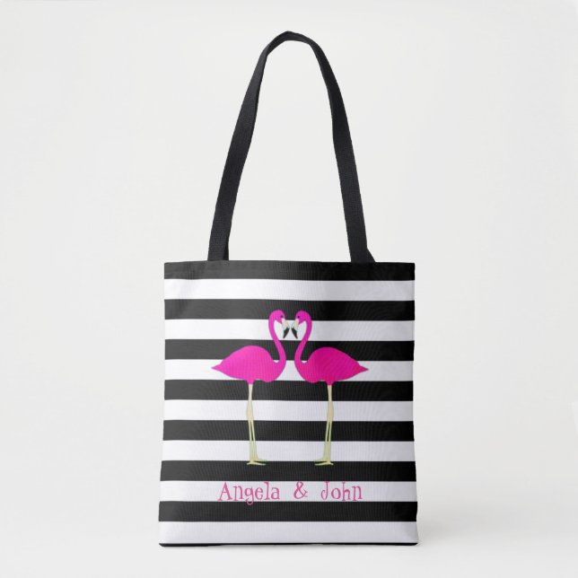 Pink Flamingos, Black, White Stripes Personalized Tote Bag (Front)