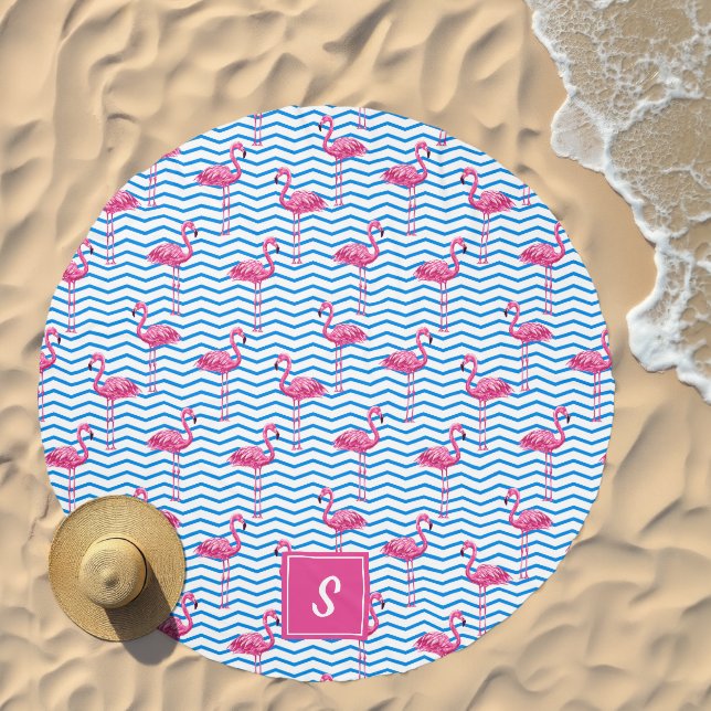 Pink Flamingos Blue Abstract Chevrons Monogrammed  Beach Towel (Beach)