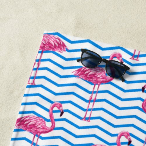 Pink Flamingos Blue Abstract Chevrons Monogrammed  Beach Towel