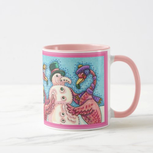 Pink Flamingos Building Snowman CHRISTMAS Mug