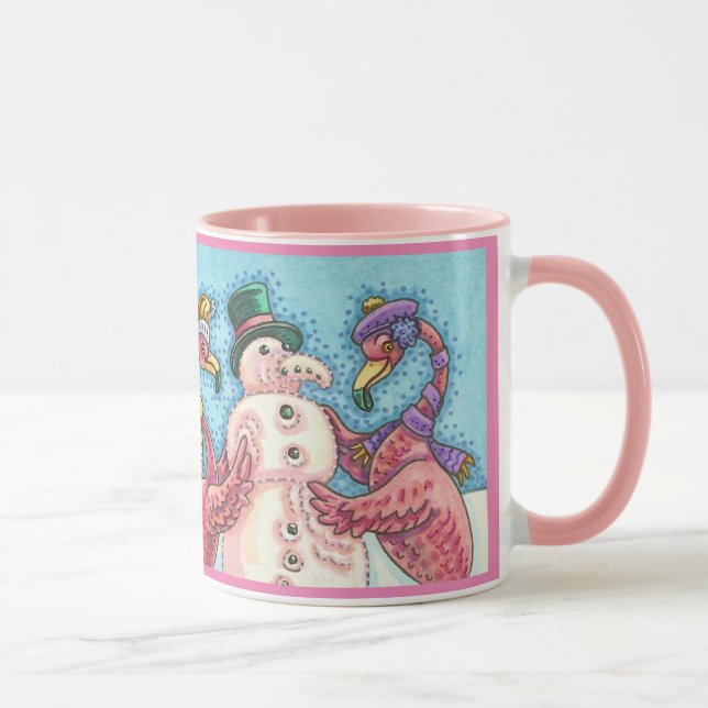 Pink Flamingos Building Snowman CHRISTMAS MUG (Right)