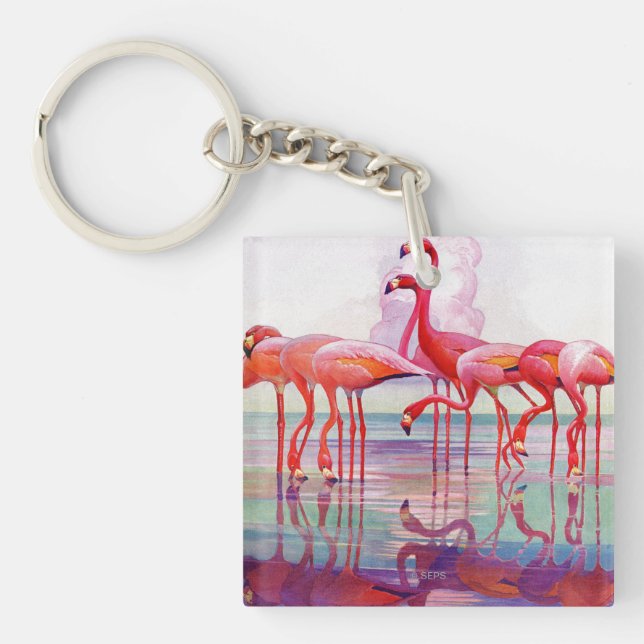 Pink Flamingos by Francis Lee Jaques Keychain (Front)