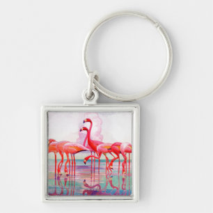 Pink Flamingos by Francis Lee Jaques Keychain
