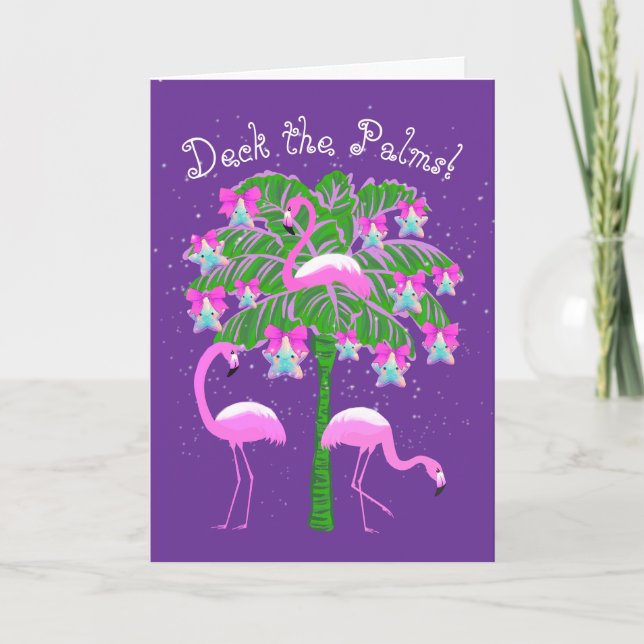 Pink Flamingos Christmas Palm Tree Personalized  Card (Front)