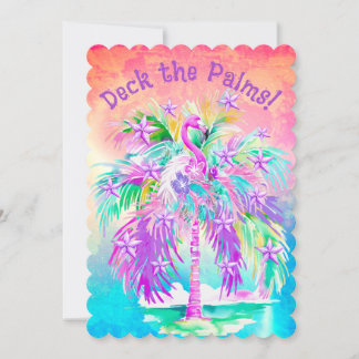 Pink Flamingos Christmas Palm Tree Personalized Holiday Card