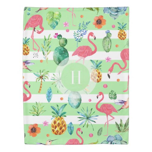 Pink Flamingos  Colorful Tropical Pattern Duvet Cover