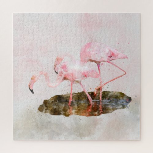 Pink Flamingos Companionship Watercolor Jigsaw Puzzle