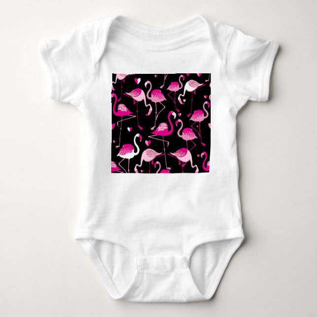 Pink flamingos, dark seamless pattern. baby bodysuit (Front)