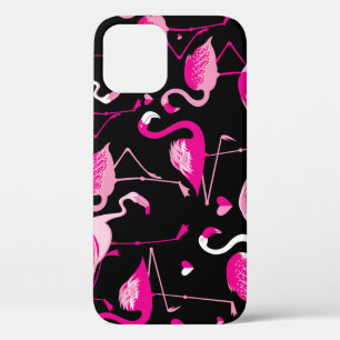 Pink flamingos, dark seamless pattern. iPhone 12 case