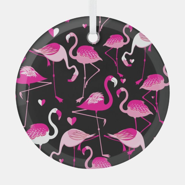 Pink flamingos, dark seamless pattern. glass ornament (Front)