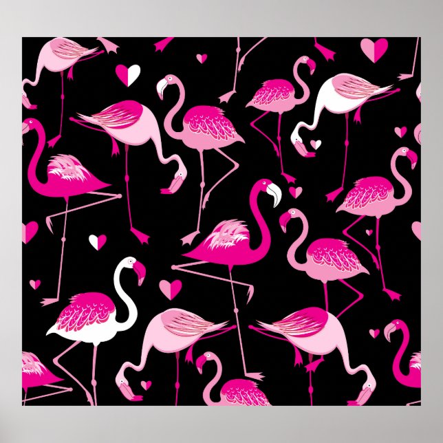 Pink flamingos, dark seamless pattern. poster (Front)