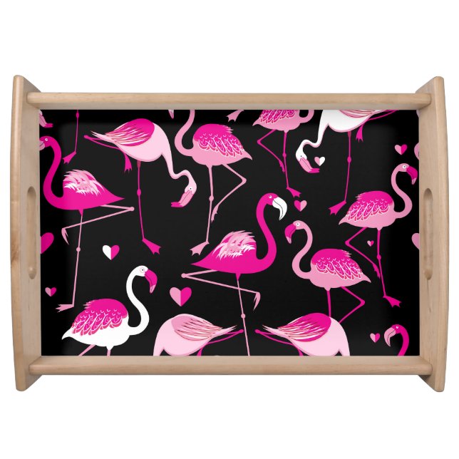Pink flamingos, dark seamless pattern. serving tray (Front)