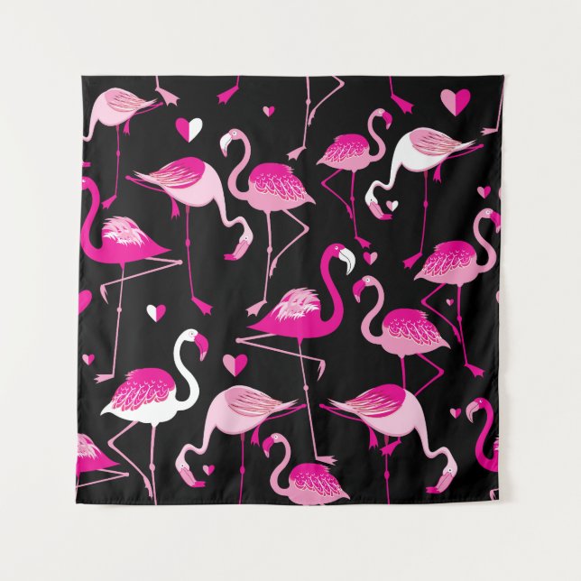 Pink flamingos, dark seamless pattern. tapestry (Front)
