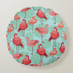 Pink Flamingos: Exotic Seamless Pattern. Round Pillow