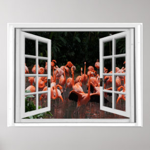 Pink Flamingos Fake Window View Poster