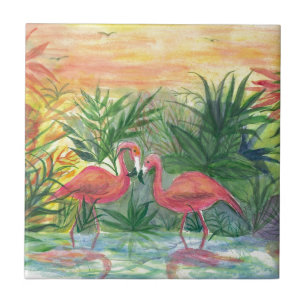 Pink Flamingos Florida Art Ceramic Tile