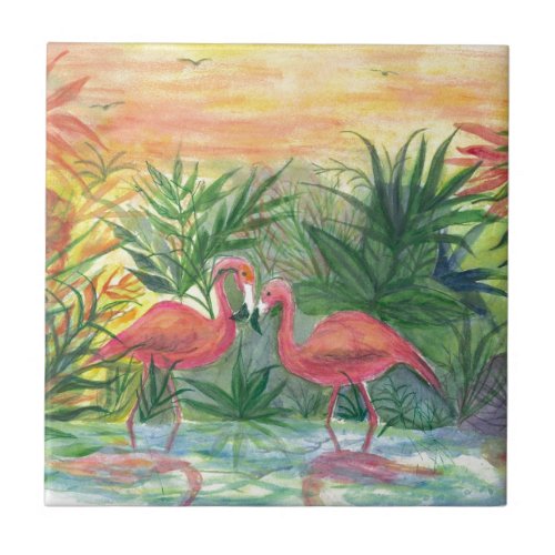 Pink Flamingos Florida Art Ceramic Tile