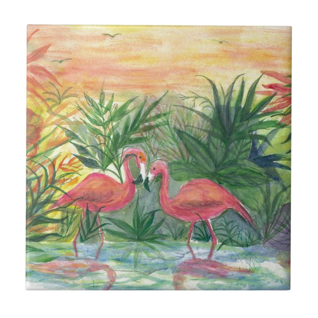 Pink Flamingos Florida Art Ceramic Tile (Front)