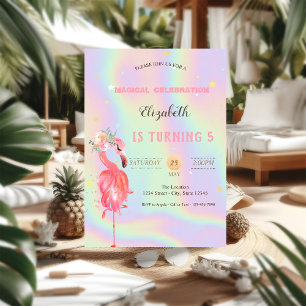Pink Flamingos Flower, Holographic Birthday Invitation