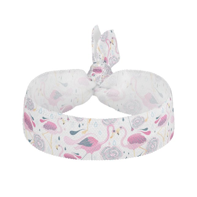 Pink Flamingos & Flowers Illustration Elastic Hair Tie (Front)