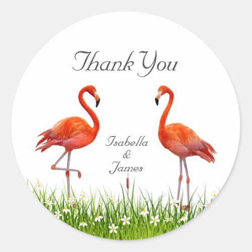 Pink Flamingos  Flowers Thank You Classic Round Sticker