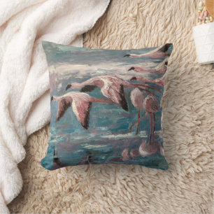 Pink Flamingos Flying Birds over Blue Water Throw Pillow