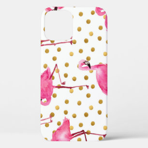 Pink flamingos, golden dots, watercolor. iPhone 12 case