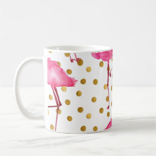 Pink flamingos, golden dots, watercolor. coffee mug