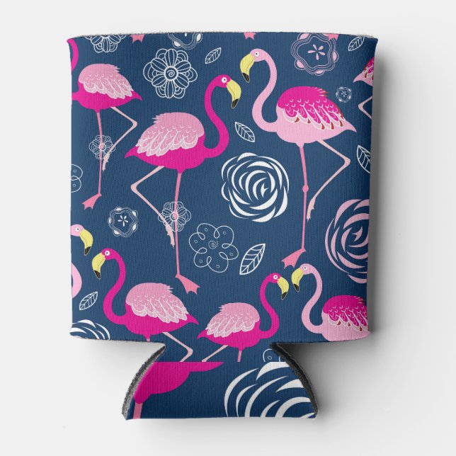 Pink Flamingos: Graphic Dark Pattern Can Cooler (Front)