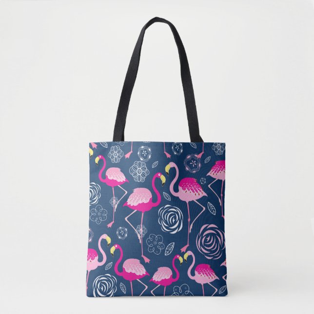 Pink Flamingos: Graphic Dark Pattern Tote Bag (Front)