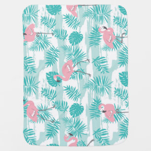 Pink flamingos, green palm leaves, tropical. baby blanket