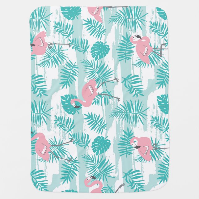 Pink flamingos, green palm leaves, tropical. baby blanket (Front)