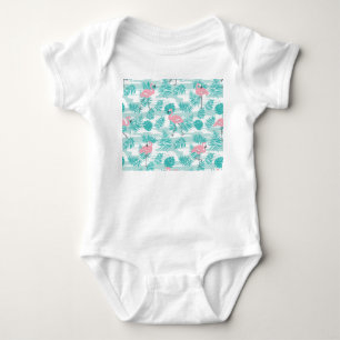Pink flamingos, green palm leaves, tropical. baby bodysuit