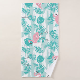 Pink flamingos, green palm leaves, tropical. bath towel