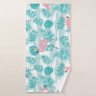 Pink flamingos, green palm leaves, tropical. bath towel