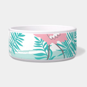 Pink flamingos, green palm leaves, tropical. bowl