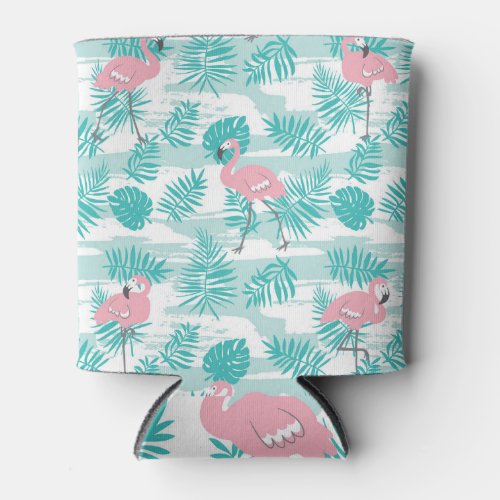 Pink flamingos green palm leaves tropical can cooler