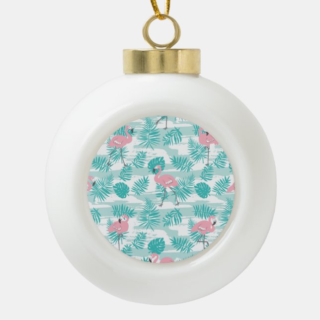 Pink flamingos, green palm leaves, tropical. ceramic ball christmas ornament (Front)