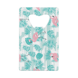 Pink flamingos, green palm leaves, tropical. credit card bottle opener