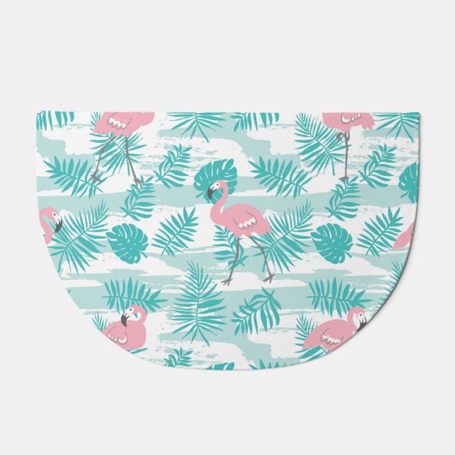 Pink flamingos, green palm leaves, tropical. doormat (Front)