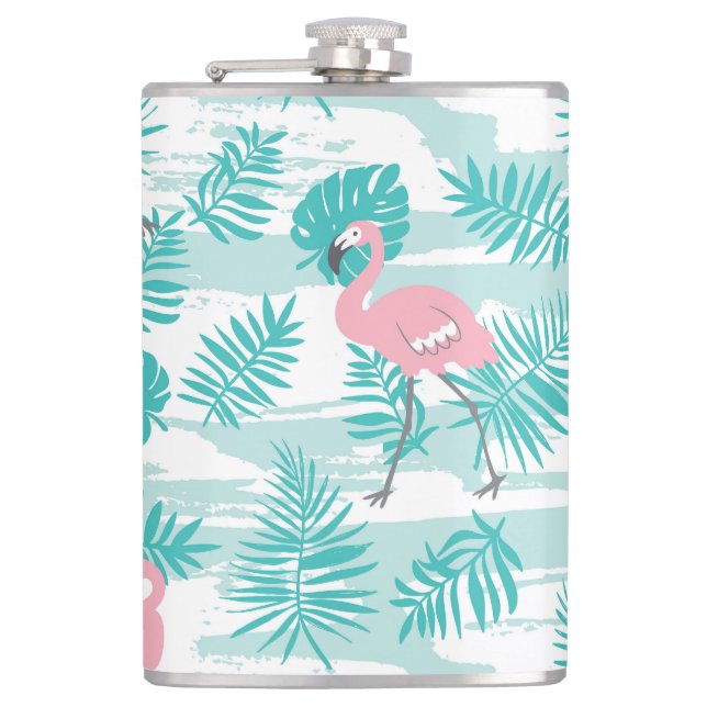 Pink flamingos, green palm leaves, tropical. flask (Front)