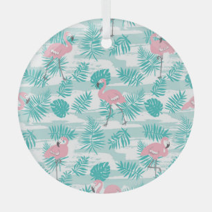 Pink flamingos, green palm leaves, tropical. glass ornament