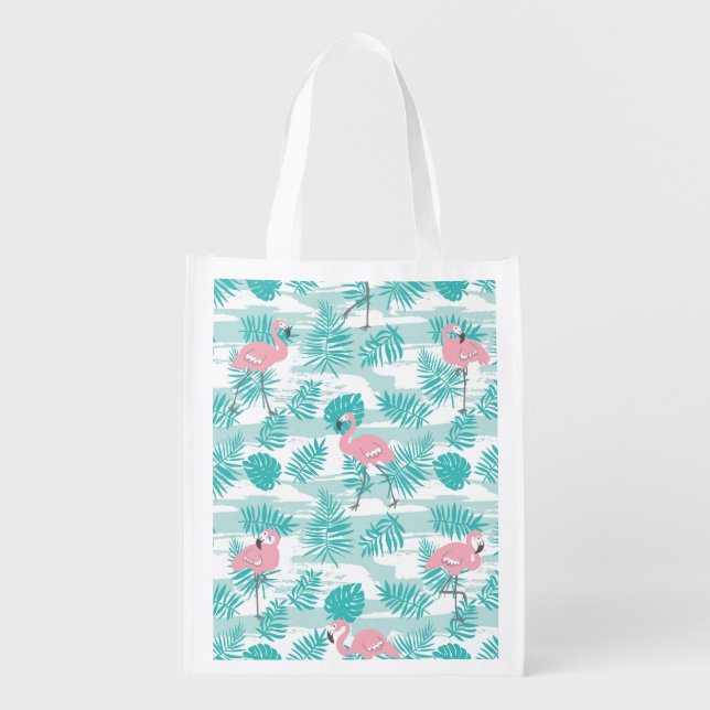 Pink flamingos, green palm leaves, tropical. grocery bag (Front)
