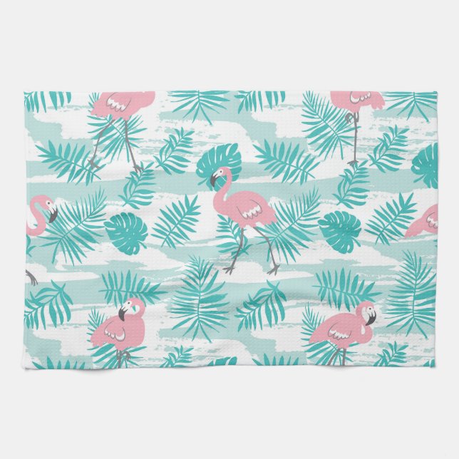 Pink flamingos, green palm leaves, tropical. kitchen towel (Horizontal)