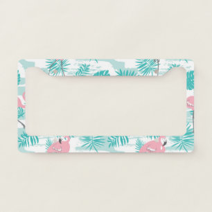 Pink flamingos, green palm leaves, tropical. license plate frame