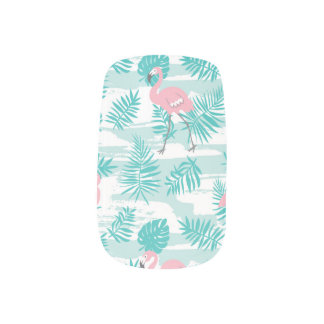 Pink flamingos, green palm leaves, tropical. minx nail art