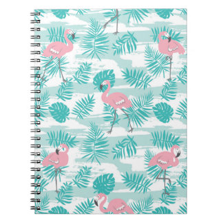 Pink flamingos, green palm leaves, tropical. notebook