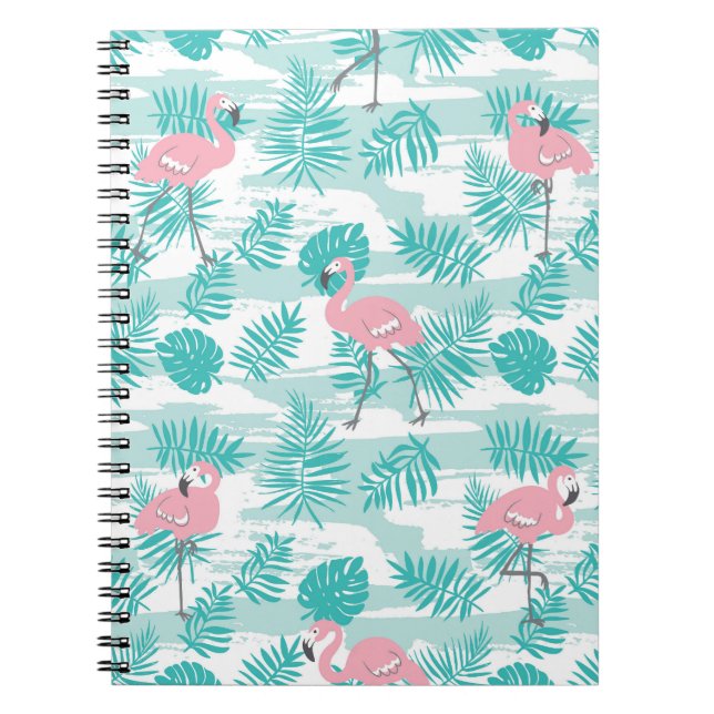 Pink flamingos, green palm leaves, tropical. notebook (Front)