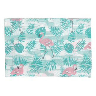 Pink flamingos, green palm leaves, tropical. pillow case