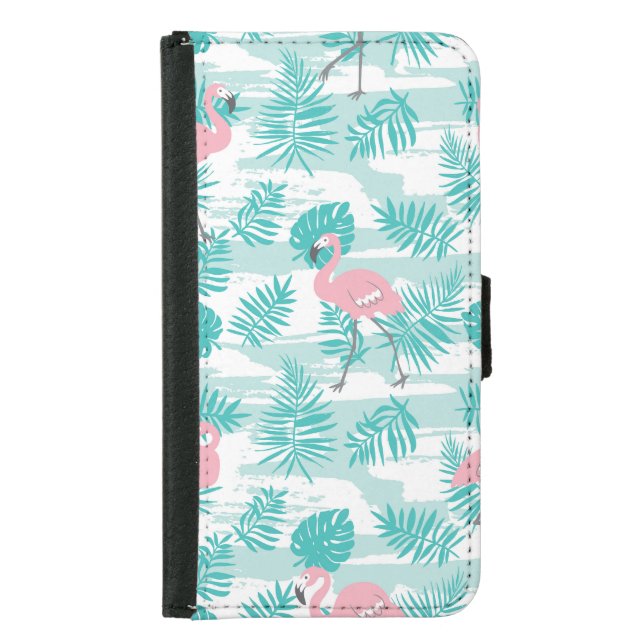 Pink flamingos, green palm leaves, tropical. samsung galaxy wallet case (Front)